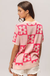 BiBi Flower Checker Pattern Short Sleeve Sweater OutfitFlow
